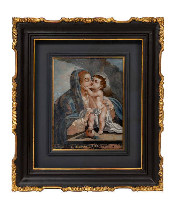 A Sino-Portuguese Virgin and Child (Our Lady of Grace) painting, China, Guangzhou; 1770–1800 reverse painting on glass 30.0 x 23.0 cm; 35.0 x 28.0 cm (framed)