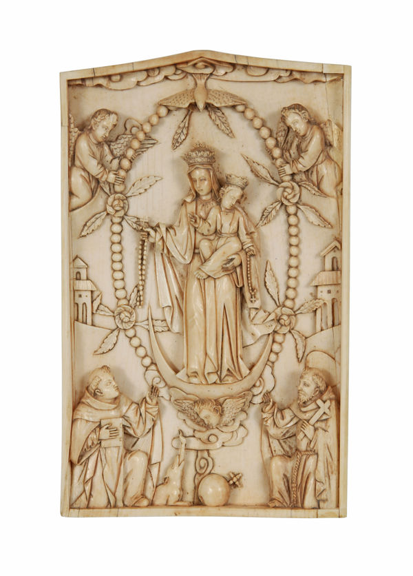 Ivory plaque, "Our Lady of the Rosary with the Child Saint Dominic de Gusmão and Saint Francis of Assisi", Philippines, Manila, 17th c.