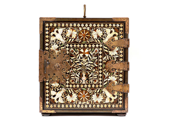 An Indo-Portuguese Thane cabinet (ventó), India, Northern Province of the Portuguese State of India, probably Thane; 1600–1625 teak, ebony, ivory, bone, rosewood, sandalwood, brass and iron; gilt copper fittings 36.5 × 33.0 × 45.5 cm