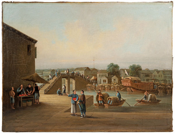 Chinese School Doca Guangzhou — Cantão, Séc. XIX óleo s/ tela 45.6 cm × 60.0 cm não assinado nem datado
