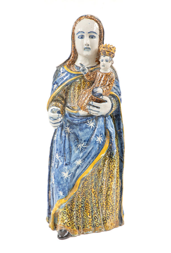 A Madonna and Child Portuguese faiance statue of the 17th century, Lisbon (?), 1630–1640 enamelled faience sculpture 58.0 × 21.5 × 26.0 cm