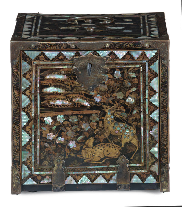 A Nipo-Portuguese Namban writing cabinet, Japan, Kyoto; Momoyama period, 1580–1600 wood lacquered in black, gold, mother-of-pearl and gilt-copper fittings 24.5 × 25.0 × 25.5 cm