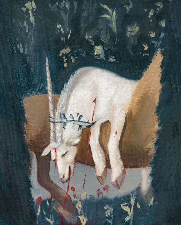 Emma Kathleen Hepburn Ferrer (Italy/US) The Procession of the Unicorn, 2025 Oil on jute 9 1/2 x 11 3/4 in 24 x 30 cm