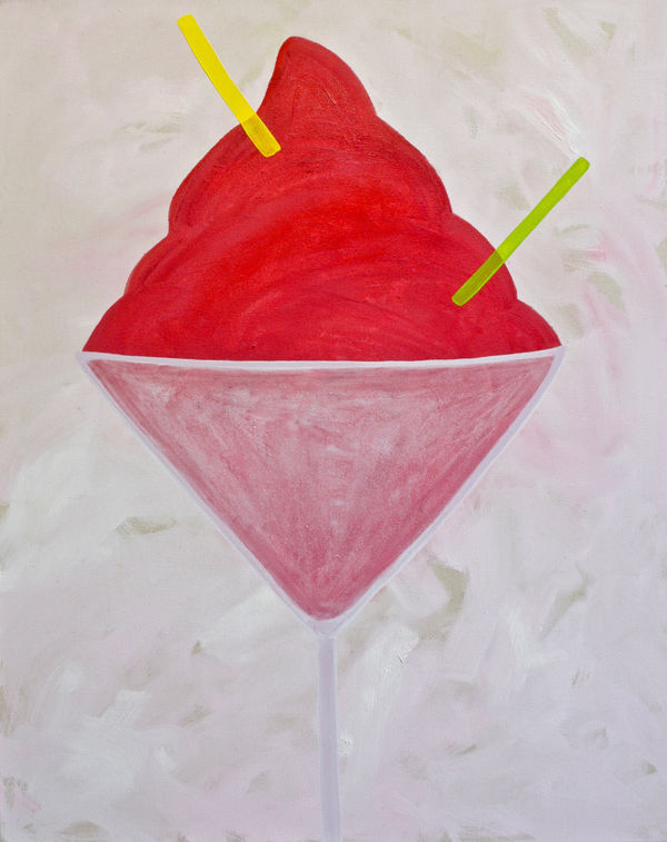 Strawberry Haze is a playful study of a cocktail, a stolen moment in the artist's hectic London schedule. Throughout 2019, the artist was selected for both Bow Art’s ‘Annual Open Show 2019’, exhibited in London, Berlin, had her 2018 Jealous Prize Print made and acquired by the V&A Museum, all while working full time as a stylist. Like most Londoners, the respite of hectic schedules and physically demanding work comes through meeting friends at the end of a long day. Yearsley here zooms into her martini glass, using a textured hazy white brushwork to blur out the noise from the outside world. This gestural quality also references the heat of the crowded bar beyond the glass. With the yellow and green straws for two, this picture invites us to dive into this ice-melting moment of escapist pleasure.