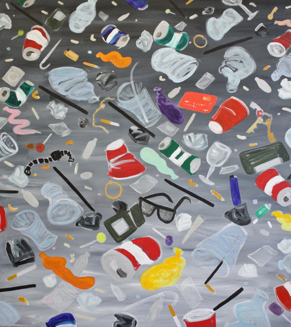 When The Lights Go Up captures Fleur Yearsley's ability to distill a scene that immediately follows a period of intense movement. Here she depicts everyday items lost or discarded on the dancefloor; lost sunglasses, a Monzo card, a Casio watch, mixed with empty drinks and unfinished cigarettes. The blinding light illuminating the objects acts as a sobering cold shower. We're confronted with the aftermath, and consequences, while also celebrating a moment of togetherness. The composition finds order within the mess, combining a cropped frame with loose brushstrokes, playing on structure and order, as the spontaneous improvisation of nightlife sings with a harmony of its parts, the objects left behind still humming the last song.