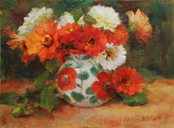 Kathy Anderson, Zinnias in a Poppy Vase