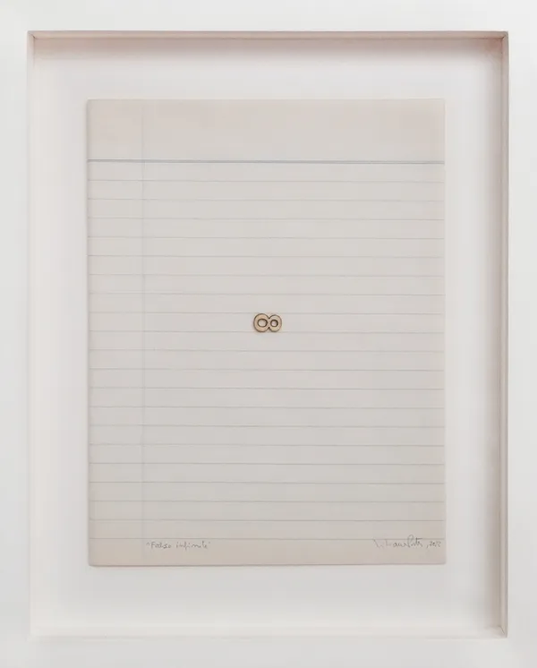 Liliana Porter False infinite, 2022 Assemblage on notebook paper 8.5 x 6.5 inches 12 x 9.5 inches, framed