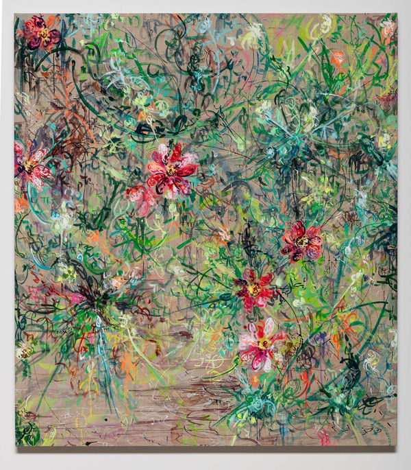 Kysa Johnson Ghosts In Common - Eat The Sun - Subatomic Decay Patterns and Tangled Flowers 1, 2024 Acrylic, ink and watercolor on linen 27 x 24 x 1.5 inches