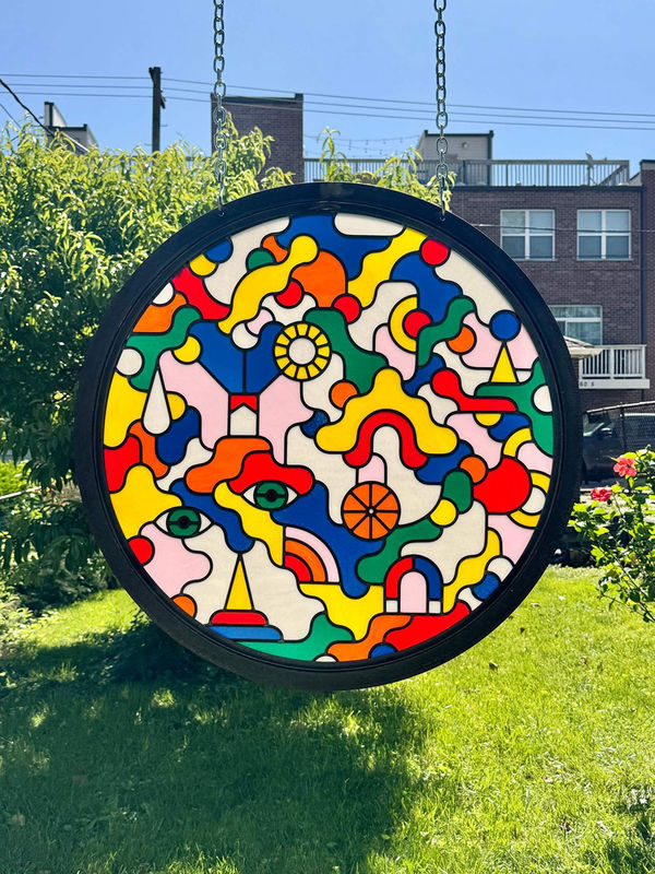 Ben Houtkamp Hooked on Phonics, 2024 Traditional leaded stained glass panel in steel frame 35 inches, diameter