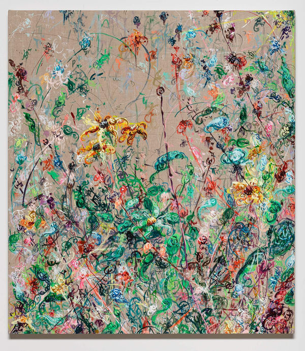 Kysa Johnson Ghosts In Common - Eat the Sun - Subatomic Decay Patterns and Fall Flowers 1, 2024 Acrylic, ink and watercolor on linen 27 x 24 x 1.5 inches