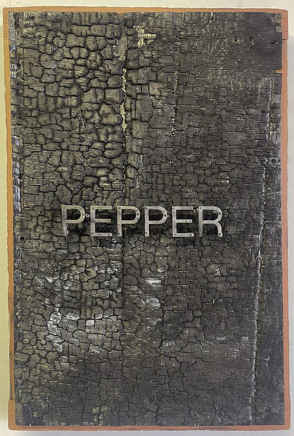 Juan Angel Chavez Violencia Sabrosa, 2024 Burnt plywood, water tower wood, acrylic 36 x 24 x 6 inches