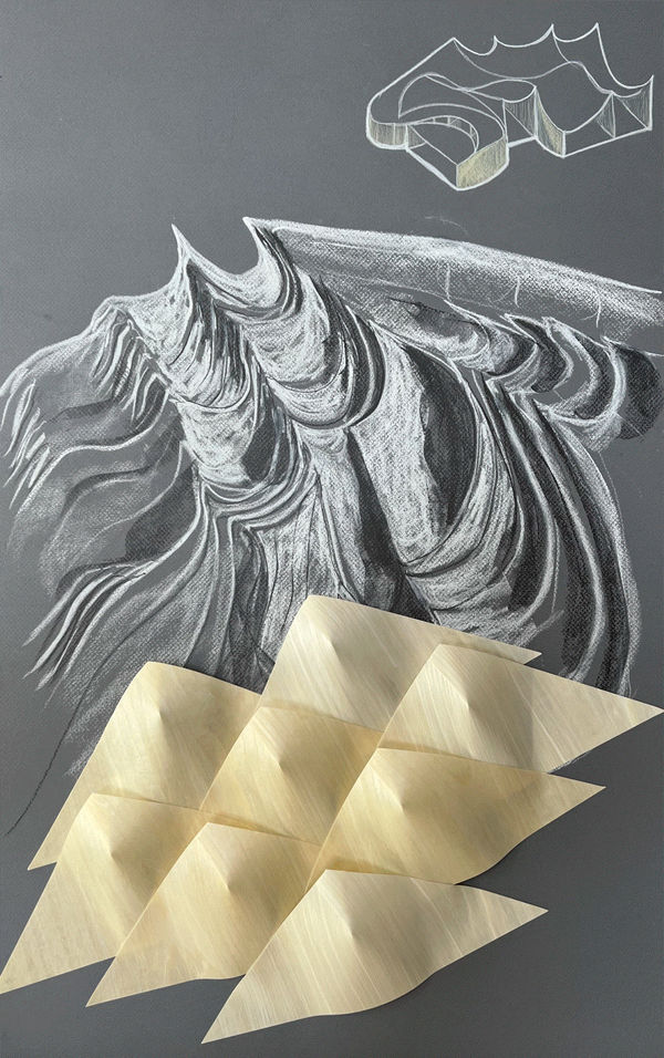 Jeanne Gang Sastrugi, 2024 Chalk, charcoal, graphite, aspen veneer on illustration board 31.5 x 20 x 2.5 inches