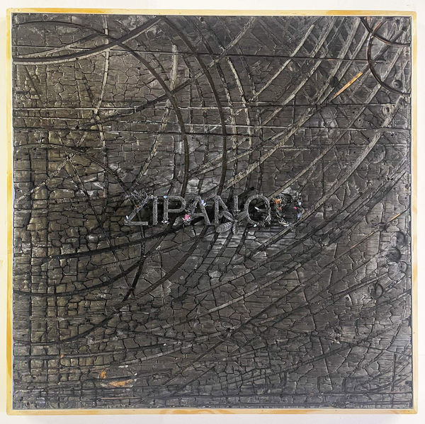 Juan Angel Chavez Drunk Tank, 2024 Burnt plywood, charcoal, bird feathers and artificual flower 36 x 36 x 6 inches