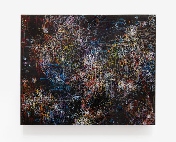 Kysa Johnson blow up 279 - the long goodbye - subatomic decay patterns and the Orion Nebula, 2015 ink on high gloss on panel 20 x 24 inches