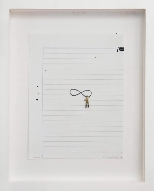 Liliana Porter Infinite, 2021 Assemblage with figurine, acrylic and graphite on notebook paper 8.5 x 6.5 inches 12 x 9.5 inches, framed