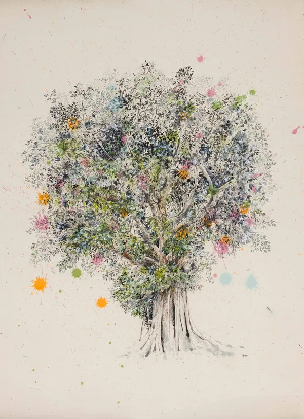 Inam Caffoor Harmony, 2025 Mixed Media on Elephant Dung Paper 92 x 68 cm 36 1/4 x 26 3/4 in