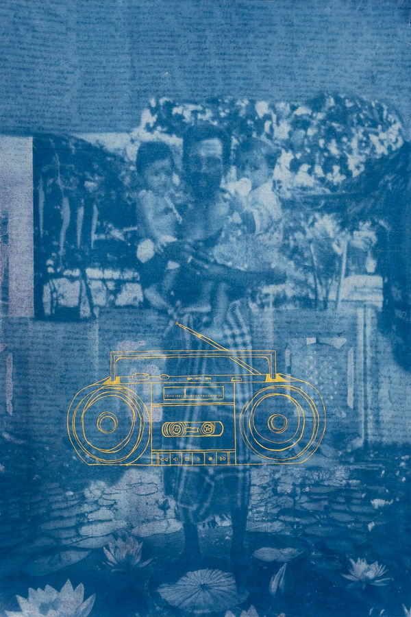 Lojithan Ram Ammānai, 2025 Cyanotype and Mixed Media on Canvas 91 x 121 cm 35 7/8 x 47 5/8 in
