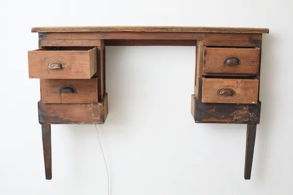 Kingsley Gunatillake Battle in the Drawer, 2026 Wood, Old Books and Copper Figures 77 x 112 x 50 cm 30 1/4 x 44 1/8 x 19 3/4 in