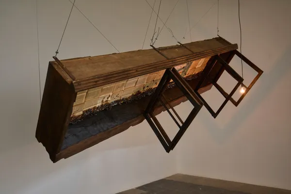 Kingsley Gunatillake Collapsing, 2026 Wood, Cables, Nut & Bolds, Old Books and Copper Figures