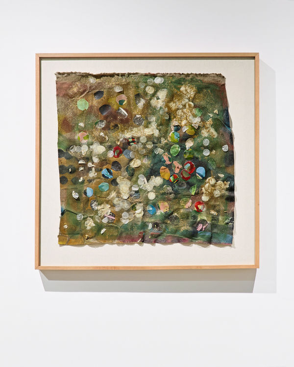 Chudamani Clowes Boats full of people, Adrift in the oceans wild, Clinging life jacket, 2025 Mixed Media on Linen Flax 61 x 64 cm 24 x 25 1/4 in