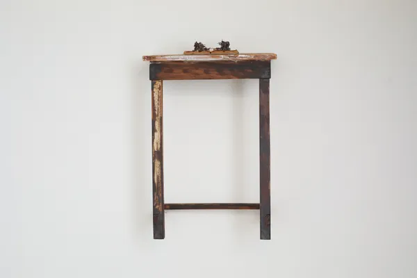 Kingsley Gunatillake Book on the Desk, 2026 Wood, Old Books and Copper Figures 78 x 56 x 23 cm 30 3/4 x 22 x 9 in