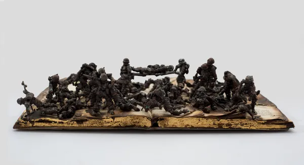 Kingsley Gunatillake Noperalena Pitu 11, 2026 Old Book, Gold Leaf and Copper Figures 18 x 22 x 6 cm 7 1/8 x 8 5/8 x 2 3/8 in