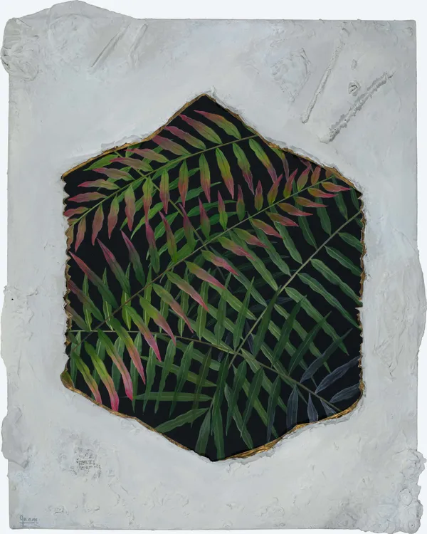 Inam Caffoor Worthy Gossip, 2026 Acrylic, Modelling Paste, Fabric, and Paper Pulp 68 x 55 cm 28 3/8 x 20 1/2 in