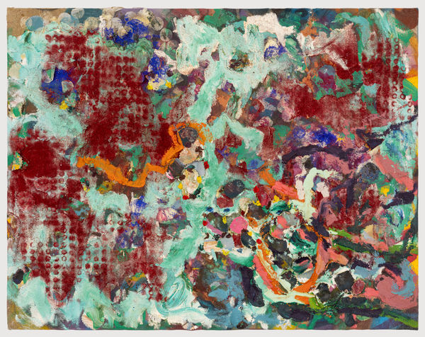 Chudamani Clowes Underwater spikes, divers skeleton bones, mosaic swimming pool, 2025 Mixed Media on Linen Flax 65 x 86 cm 25 5/8 x 33 7/8 in