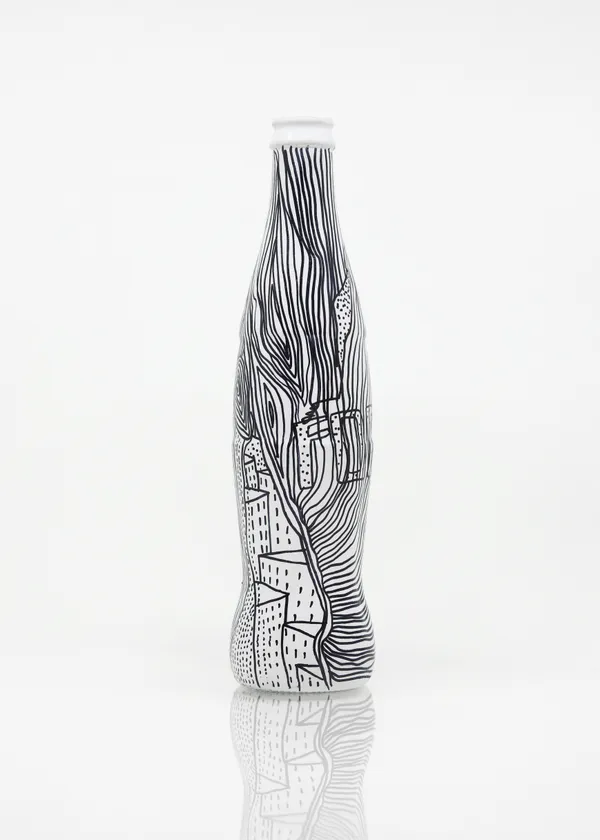Albright Knox Drawn on Bottle, 2017 Gesso and ink on glass bottle 9 3/4 x 2 1/2 x 2 1/2 inches 24.8 x 6.3 x 6.3 cms