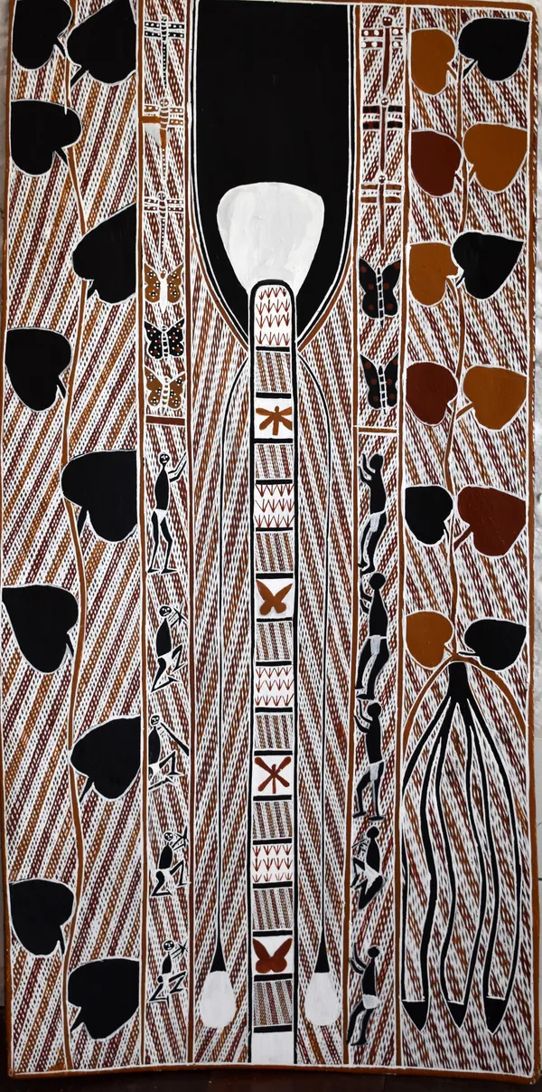 Chubasco Gamarrang Pascoe Morning Star Pole, 2019 Ochre on bark 87 x 40 cm
