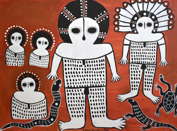 Donny Woolagoodja Wandjina & Unguds (Clouds & rain spirits & totems), 2020 Acrylic and ochre on canvas 60 x 80 cm