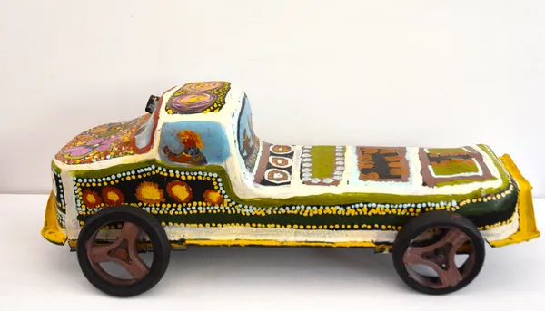 Rene Nelson Painted Car, 2021 acrylic on found metal oil sump, pram wheels, tent poles L71 x W30 x H27 cm
