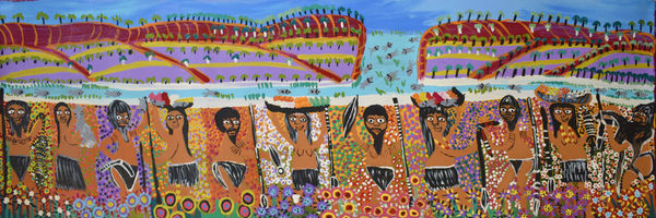 Kumantjayi Napangardi (Joanne) Wheeler All the Family, Ntaria Olden Times, 2019 Acrylic on linen 39 x 119 cm