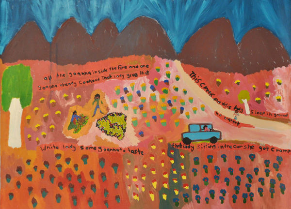 Margaret Kunmanara Nampitjinpa Boko Camping got no blanket - sleeping in the ground. What you going to do? acrylic on canvas 90 x 120 cm