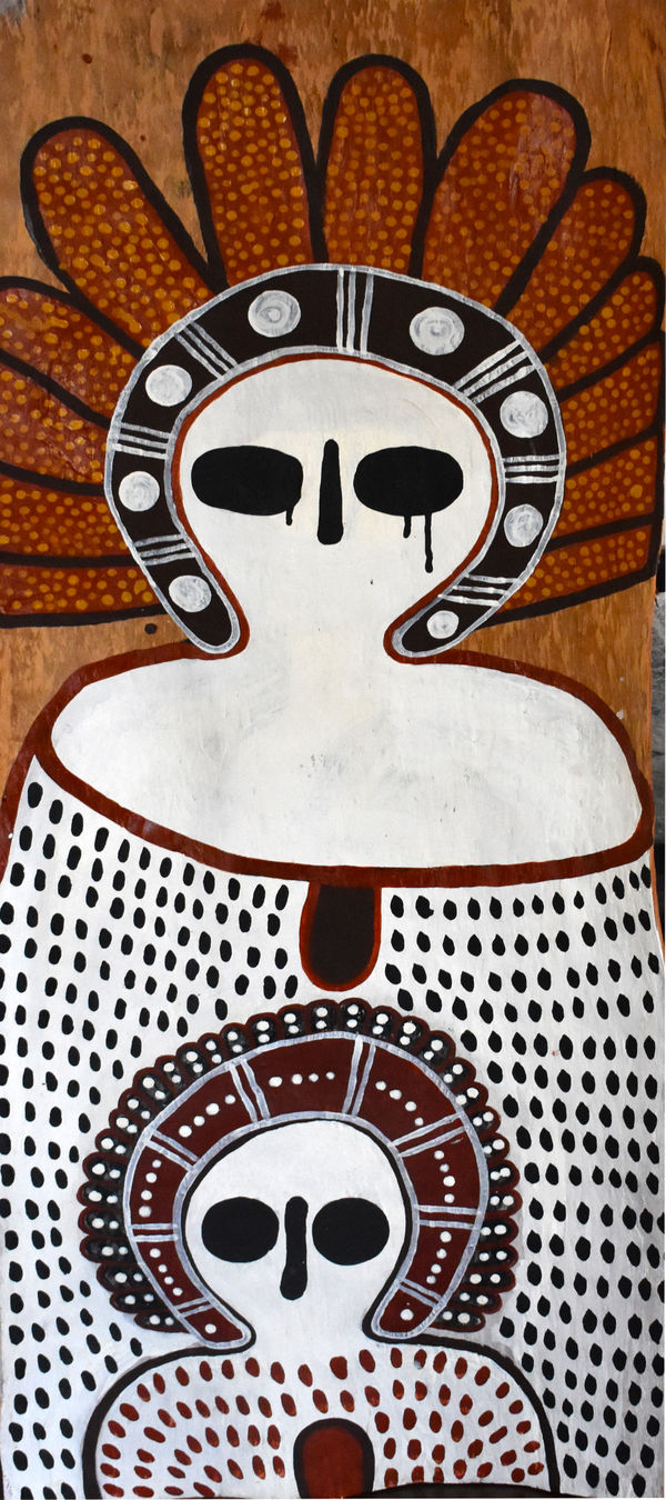 Donny Woolagoodja Jarlaroyni - Donny Woolagoodja, 2020 Ochre on Bark 108 x 43 cm