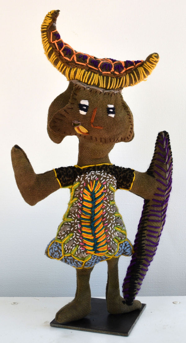 Rhonda Sharpe Little Devil Girl with Stick and Chewing Ngkurlpa (bush tobacco), 2021 Soft Sculpture 50 x 27 x 11 cm