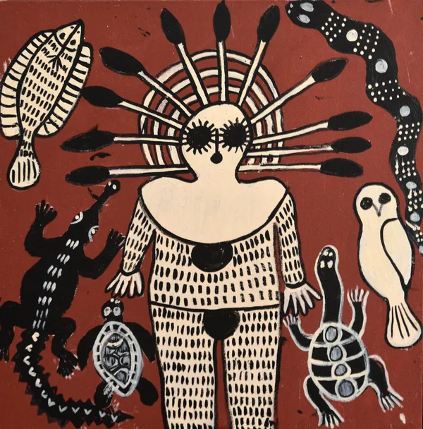 Sandra Mungulu Namarali, Dumbi, Ungud, Coi Coi, Jaiya, Wali & Longneck Turtle., 2021 acrylic on canvas 60 x 60 cm