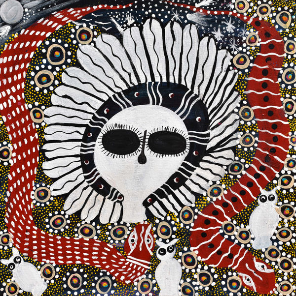 Nancy Wungundin Wandjina, Bumbi & Ungud (cloud and rain sprit, barn owl & totem, 2020 acrylic on canvas 45 x 45 cm