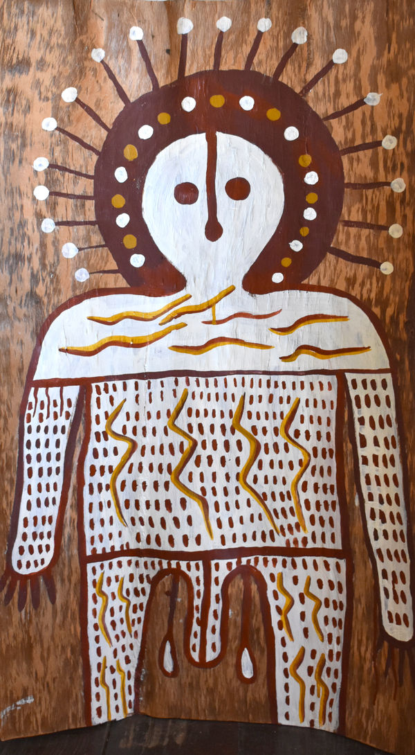 Donny Woolagoodja Wandjina, 2020 Ochre on bark 79 x 45 cm