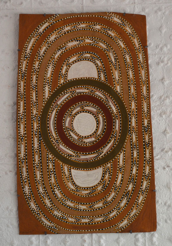 Ralwurrandji Wanambi Bamurrungu incised bark with sand and earth pigments 53 x 86 cm