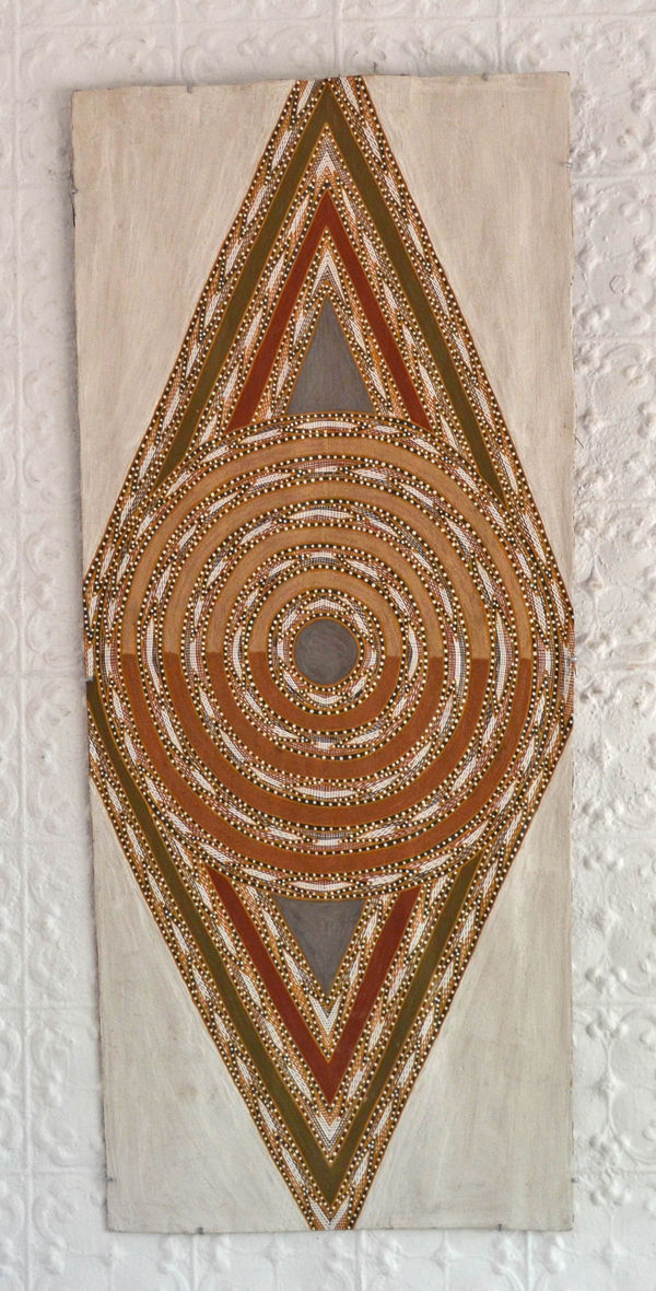 Ralwurrandji Wanambi Two Sands incised bark with sand and earth pigments 141 x 62 cm