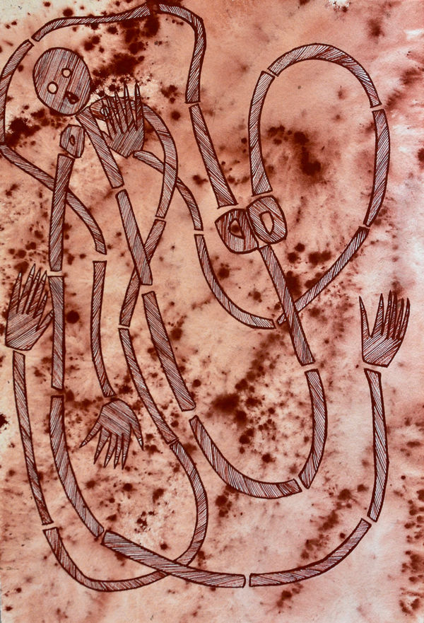 Shaun Namarnyilk Namorrorddo and the Crippled Man, 2022 acrylic on arches paper 41 x 61 cm