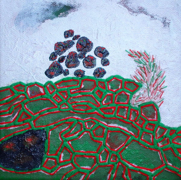 Stephen Eastaugh Ah Boon Haw / Tiger Balm Garden 2013 acrylic, thread, linen 20 x 20 cm