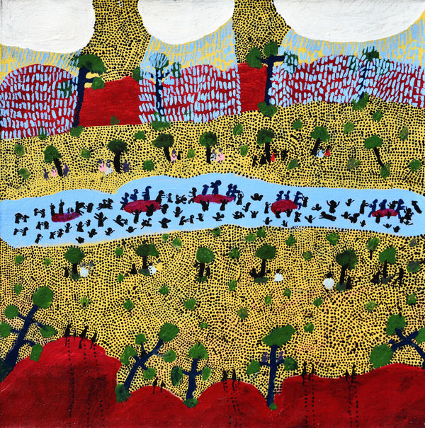 Grace Kemarre Robinya Twenty Mile, Everyone Swimming, 2023 acrylic on linen 56 x 56 cm