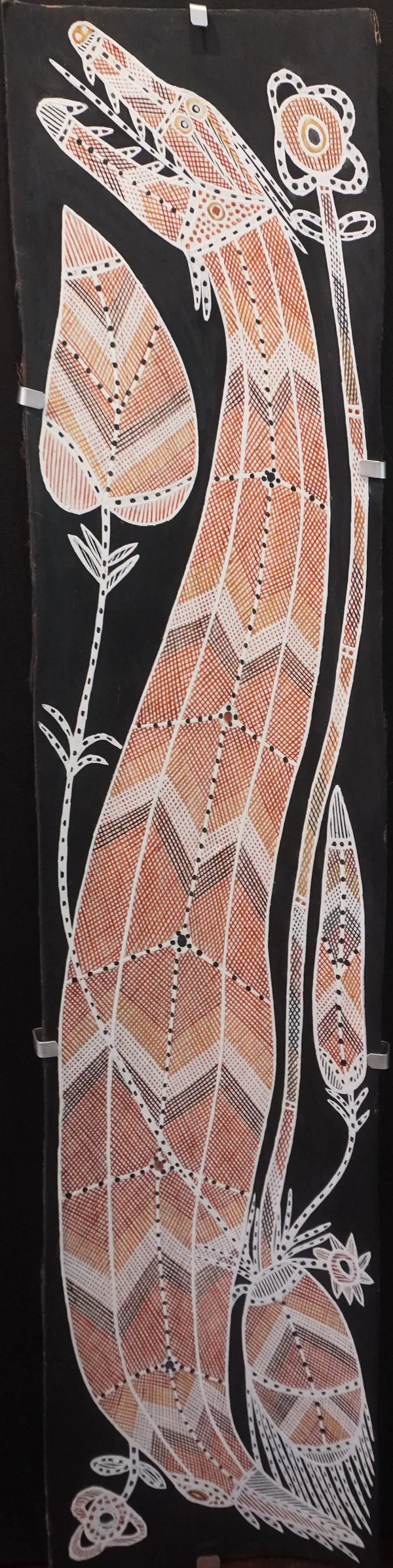 Ivan Namirrkki Ngalyod (Rainbow Serpent), 2025 pigment and fixative on bark 121 x 28 cm