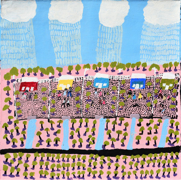 Grace Kemarre Robinya Raining over Laramba , 2023 acrylic on linen 56 x 56 cm