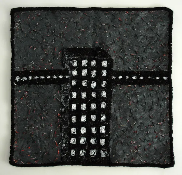 Stephen Eastaugh Secret Geography Series - Building Road acrylic, rag cloth, wool and threads 60 x 58 cm