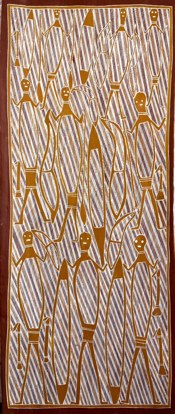 Matilda Malparringa Pascoe Warraburnburn, 2019 Ochre on bark 109 x 45 cm