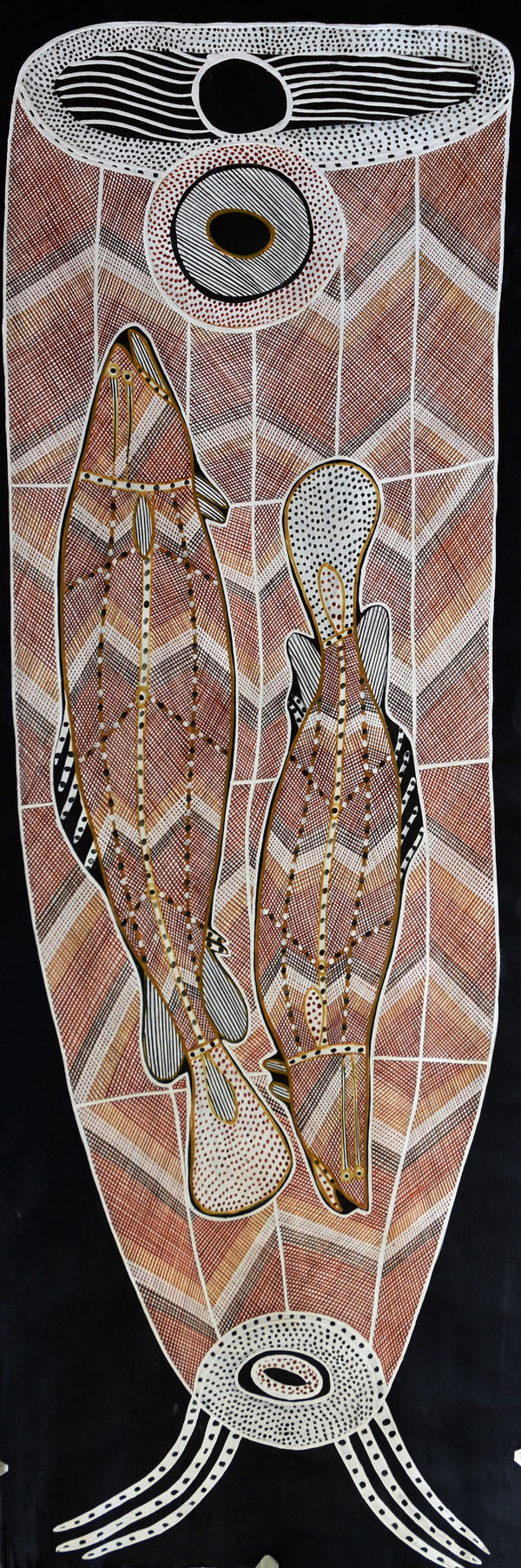 Ivan Namirrkki Mandjabu, 2024 pigment on bark 135 x 46 cm
