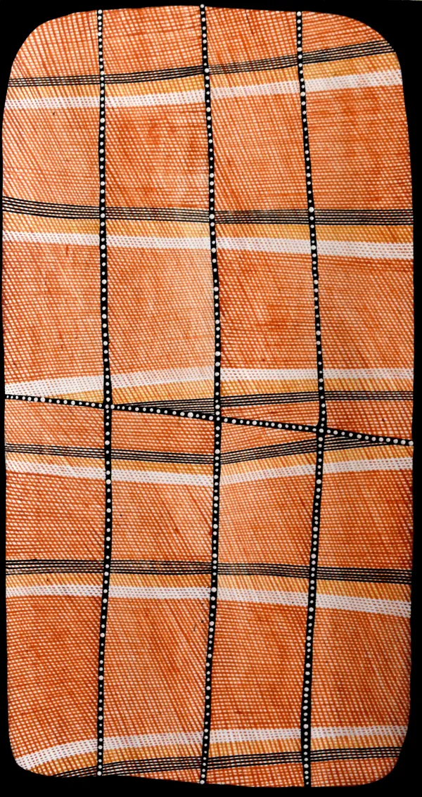 Semeria Warrkidj Mardayin Design, 2018 Ochre on bark 59 x 30 cm